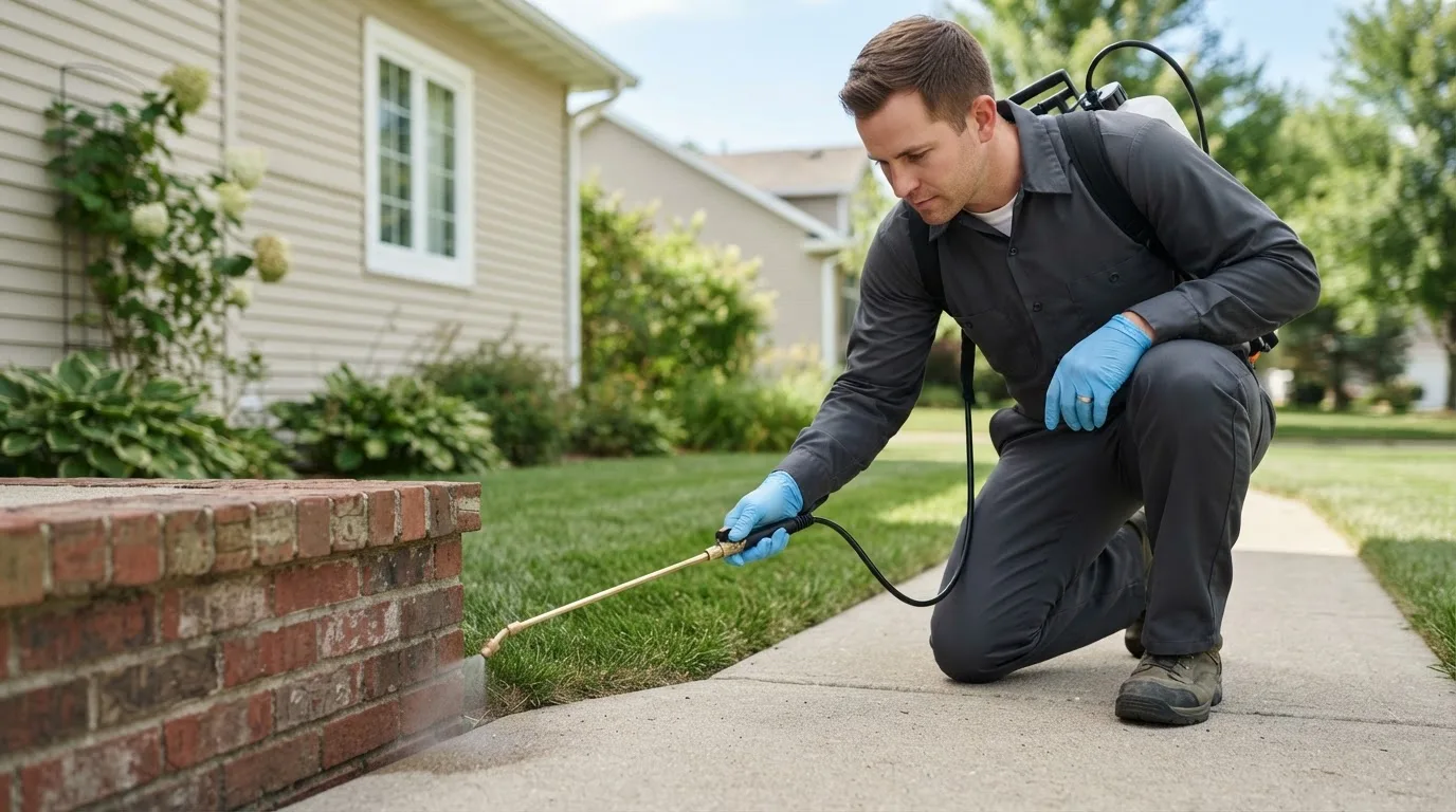 Pest control technician treating a home near Conetoe, NC